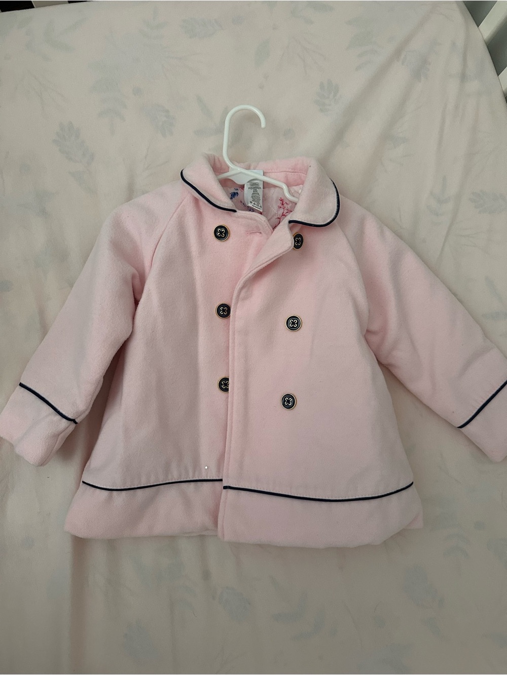 Little Me Pale Pink Double-Breasted Pea Coat with Navy Trim